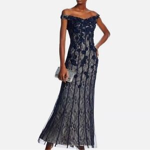 Aqua Embellished‎ Lace Off-the-Shoulder Gown Navy Blue 12